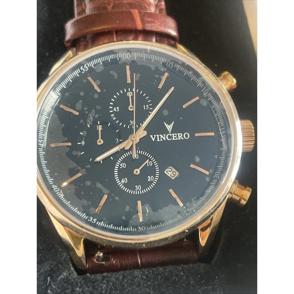 Vincero Men's Watch Chrono S Black Gold‎ Leather  New w/ Box Stopwatch